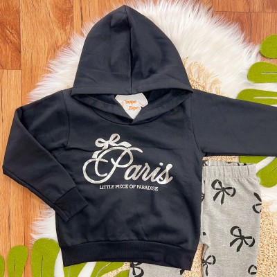 Conj. Blusa de Moletom com Capuz Paris e Calça Legging Laços - Preto e Mescla